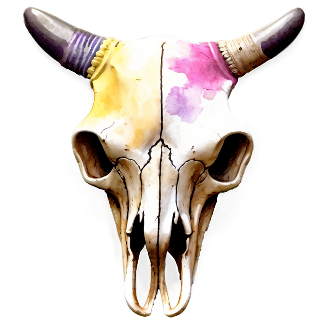 a watercolor painting of a bull's skull