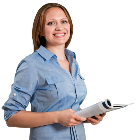 a woman in a blue shirt holding a piece of paper