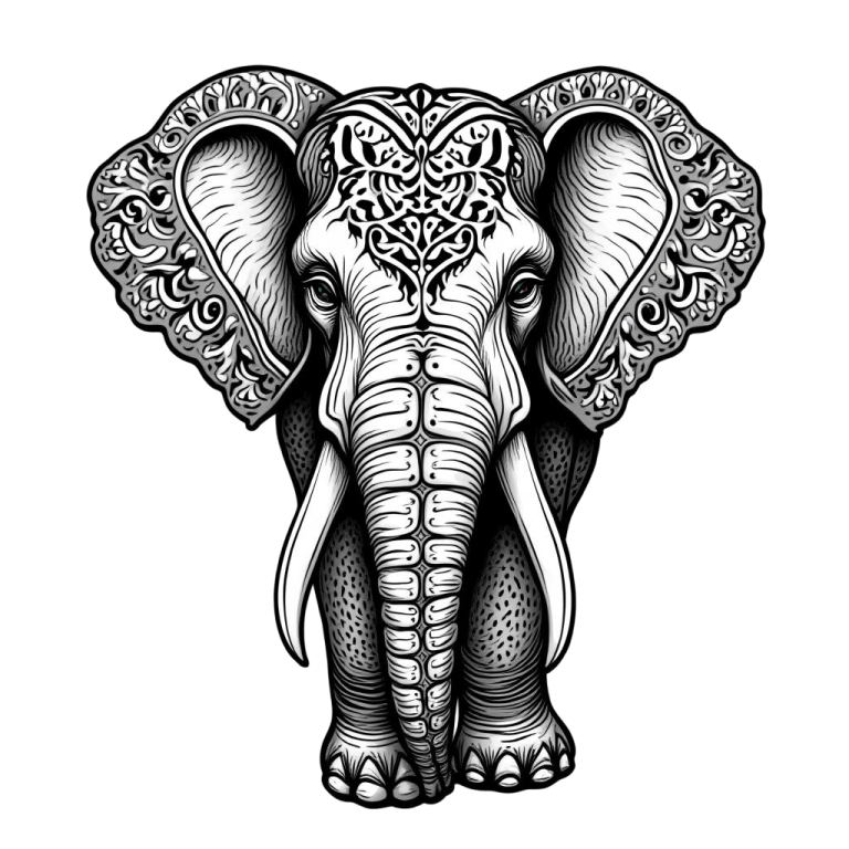a black and white drawing of an elephant's head