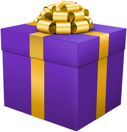 a purple gift box with gold ribbon and bow