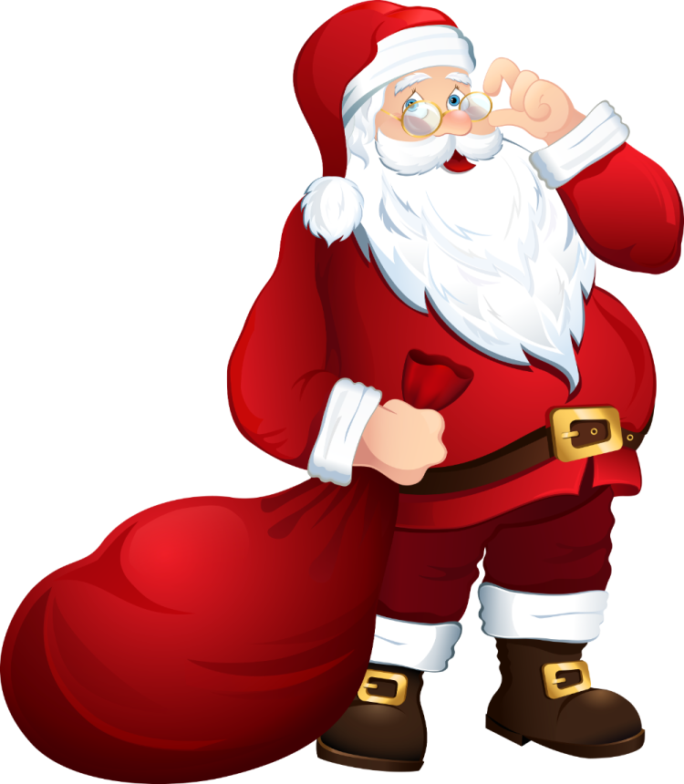 a cartoon santa with a bag of presents