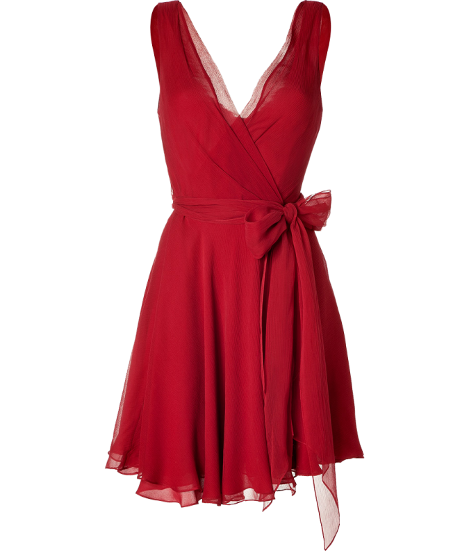 a red dress with a bow at the waist