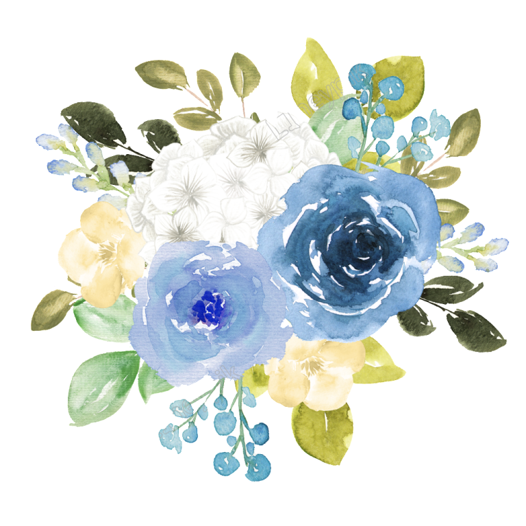 a watercolor painting of blue and white flowers