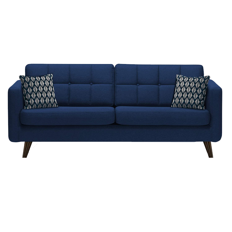 a blue couch with two pillows on it