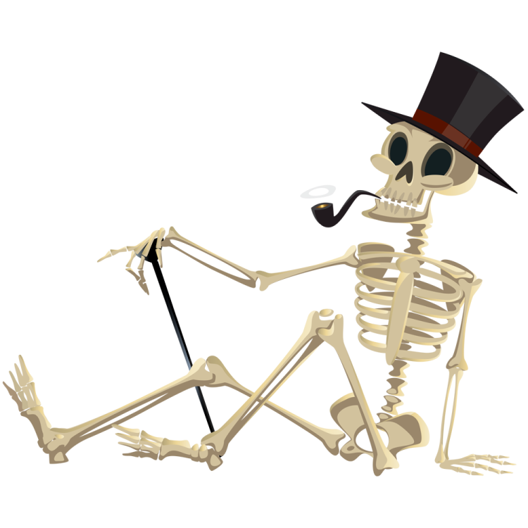 a skeleton wearing a top hat and smoking a pipe