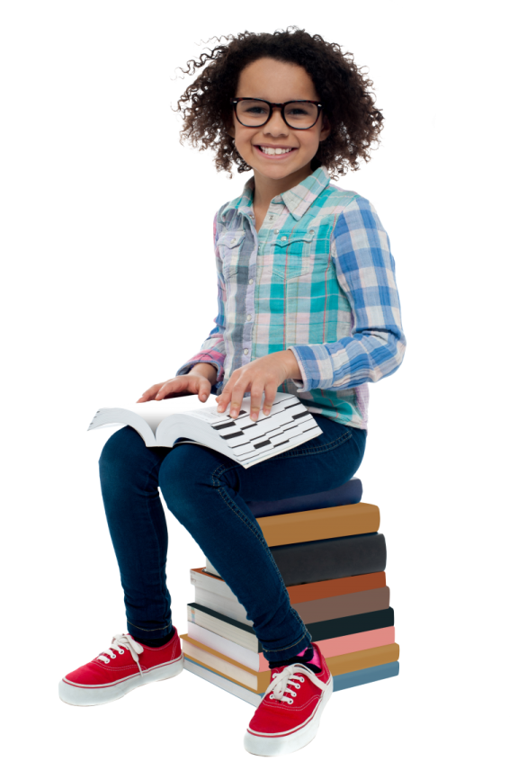 a little girl sitting on top of a pile of books