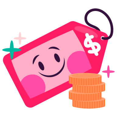 a pink card with a smiley face next to a stack of coins