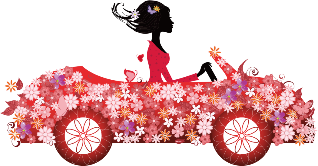 a woman sitting on top of a car with flowers