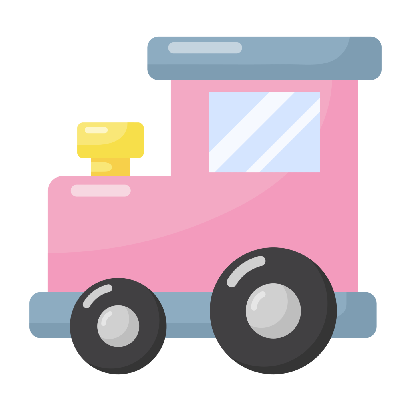 a pink train with black wheels and a white background