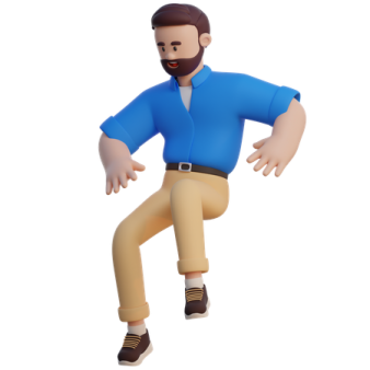 a man in a blue shirt and tan pants