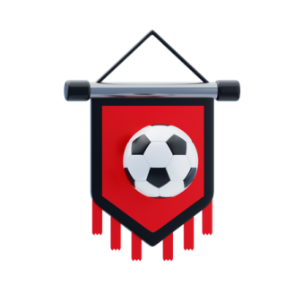 a red banner with a soccer ball hanging on it
