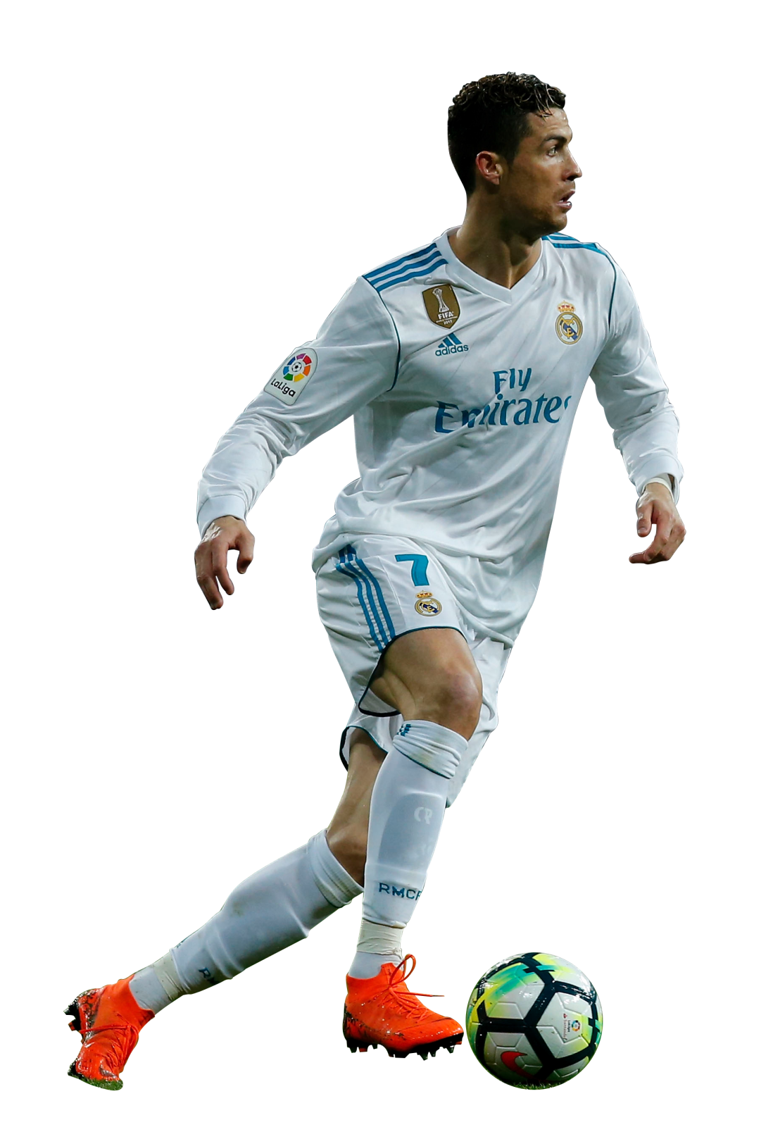 a man in a white shirt kicking a soccer ball
