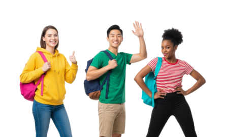 a group of young people with their hands up in the air