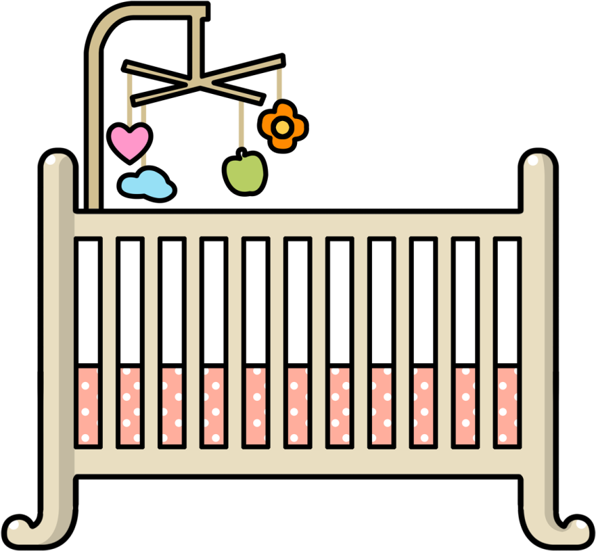 a baby cribt with a toy hanging from the ceiling