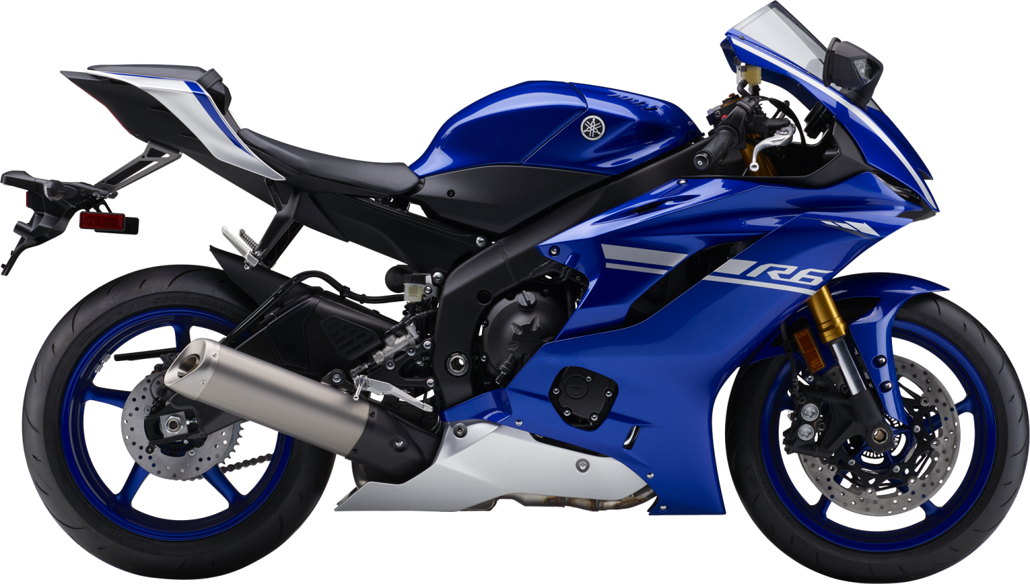 a blue motorcycle is parked on a white surface