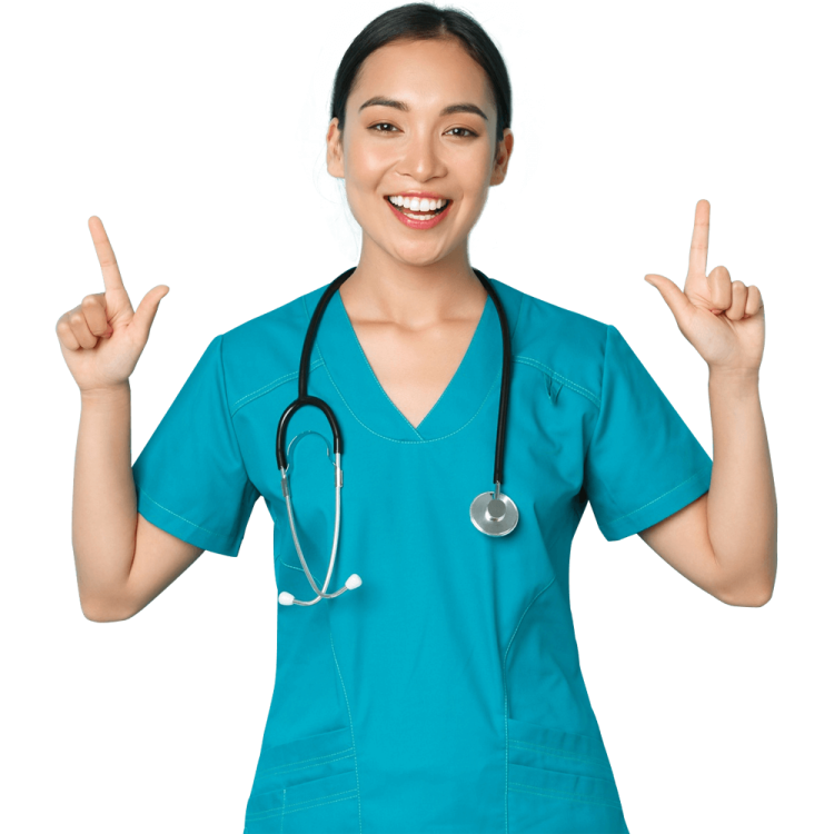 a woman wearing scrubs and holding up her peace sign