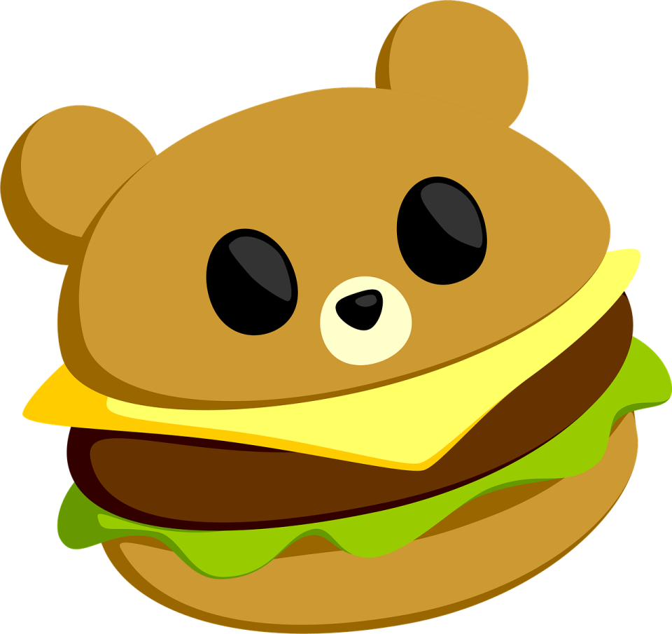 a brown bear is eating a big hamburger