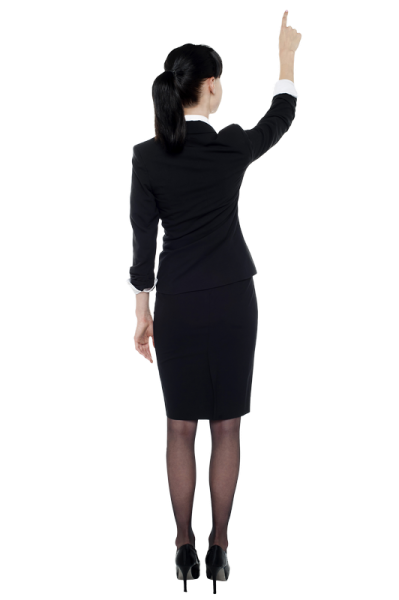a woman in a business suit pointing at something