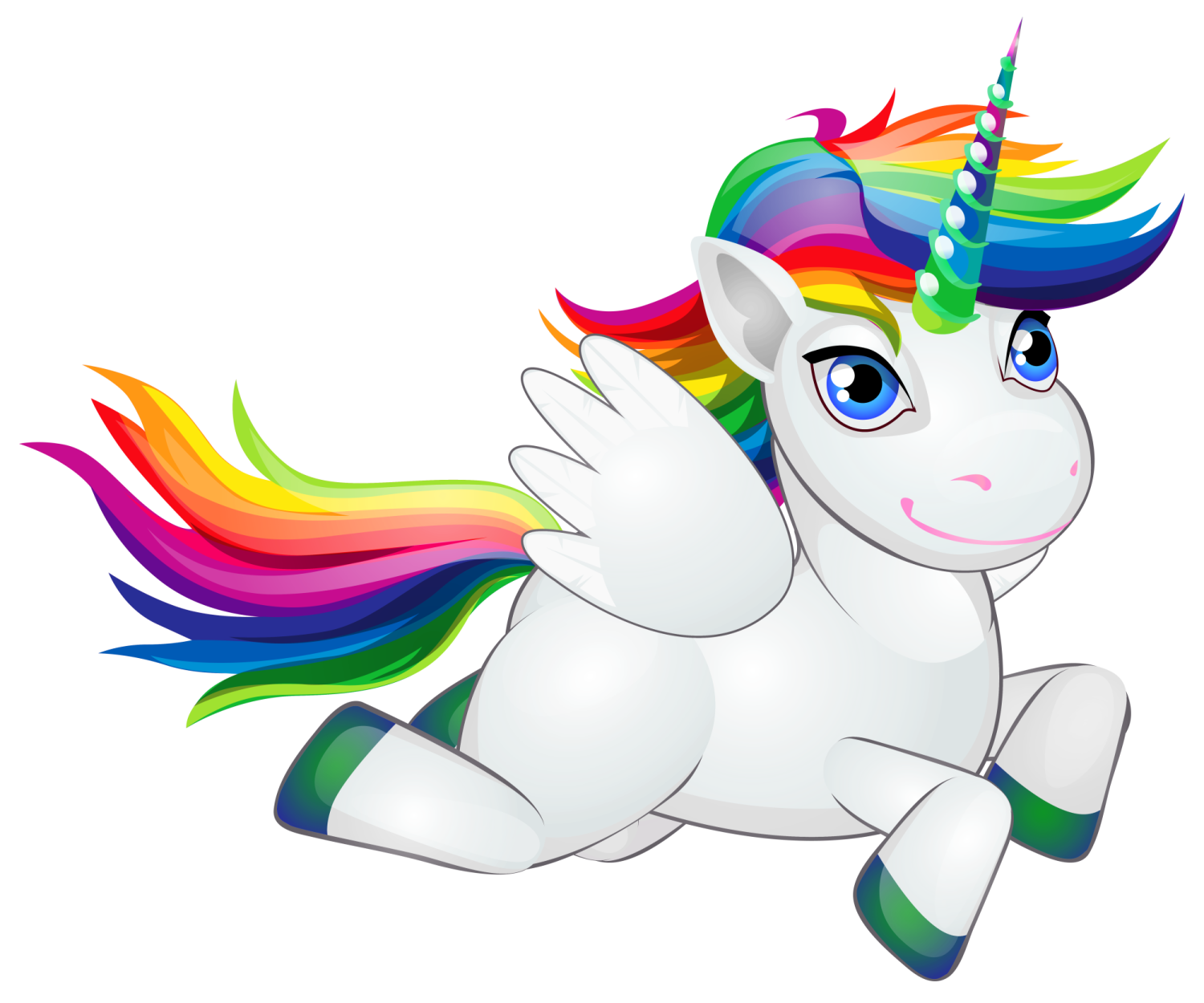 a white unicorn running with rainbow hair