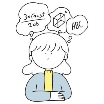 a woman with thought bubbles above her head