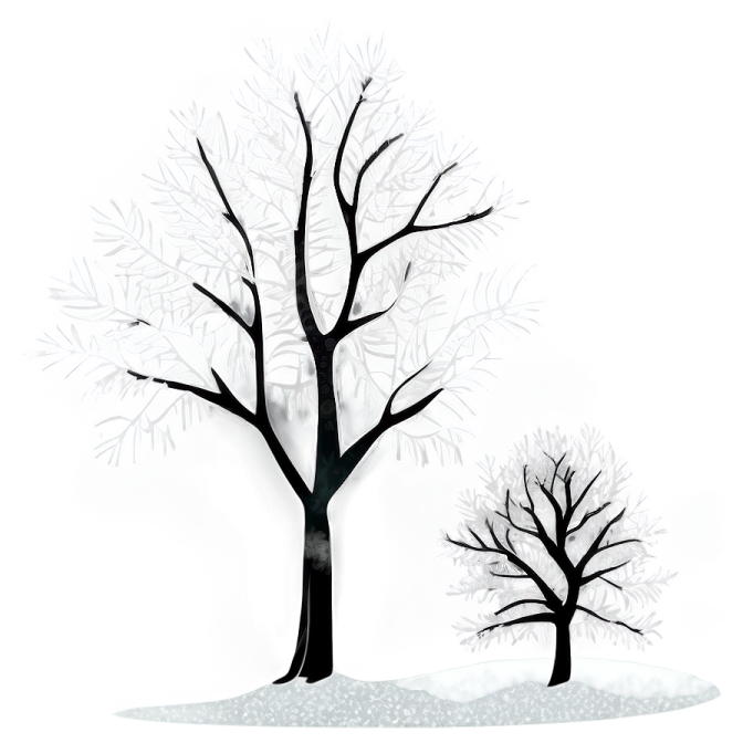 a drawing of two trees in the snow