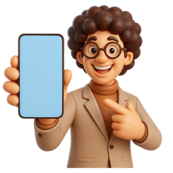a cartoon character holding up a smart phone