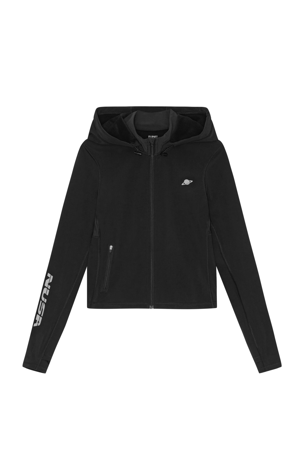 a woman wearing a black hoodie jacket