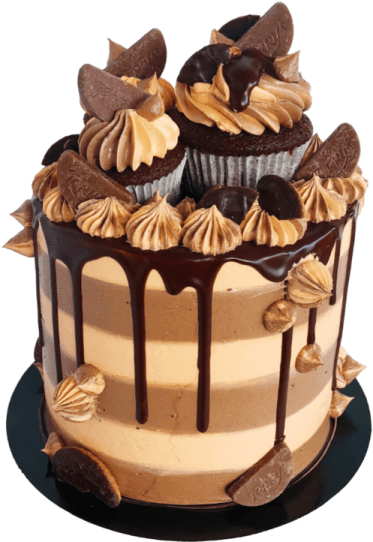 a cake with chocolate and nuts on top