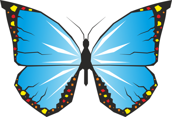 a blue butterfly with yellow and red spots
