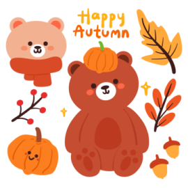 an illustration of a teddy bear surrounded by autumn leaves