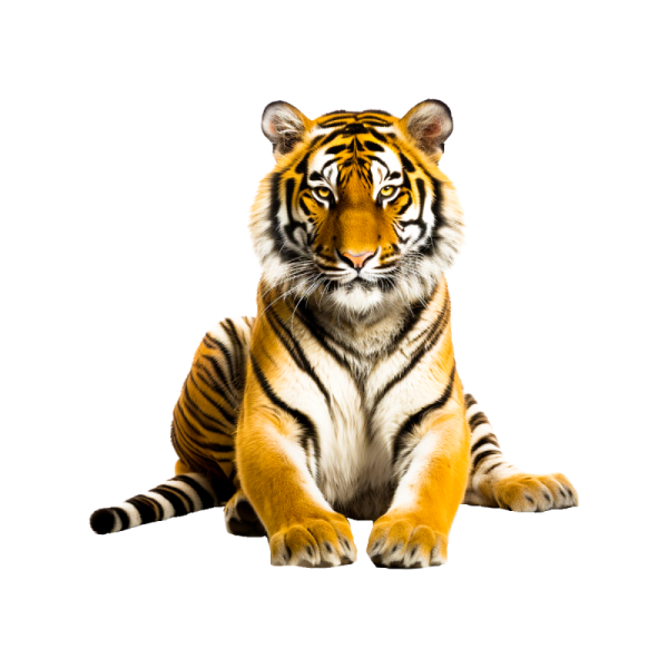 a tiger sitting down and looking at the camera