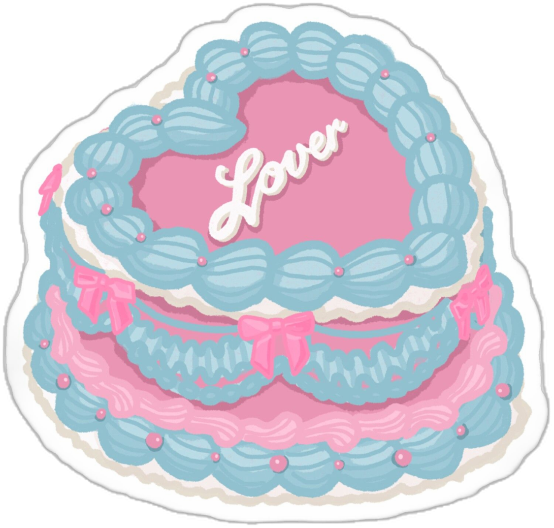 a pink and blue cake with the word love on it