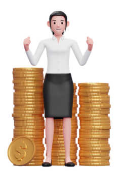 a woman standing on top of stacks of coins