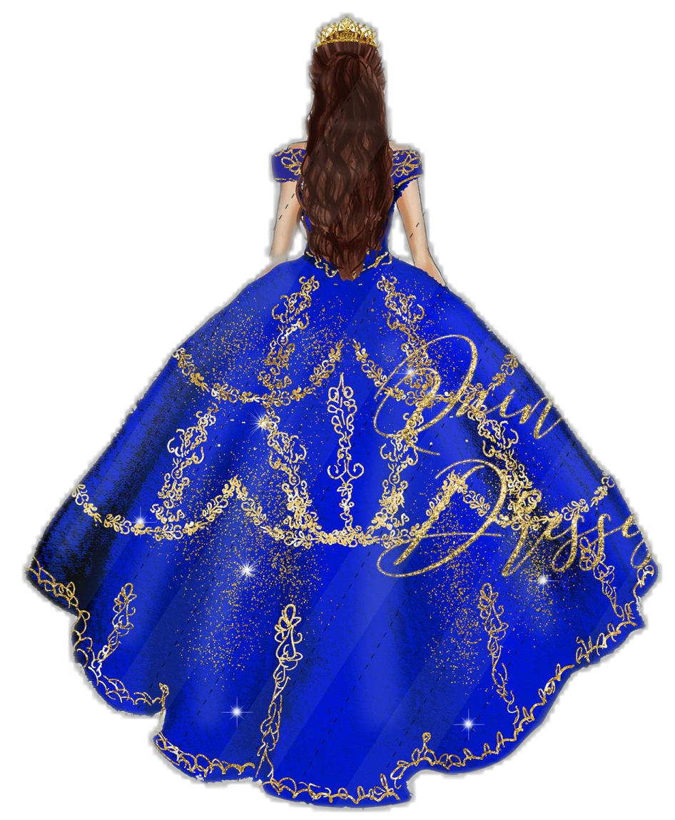 a woman in a blue dress with gold and white designs