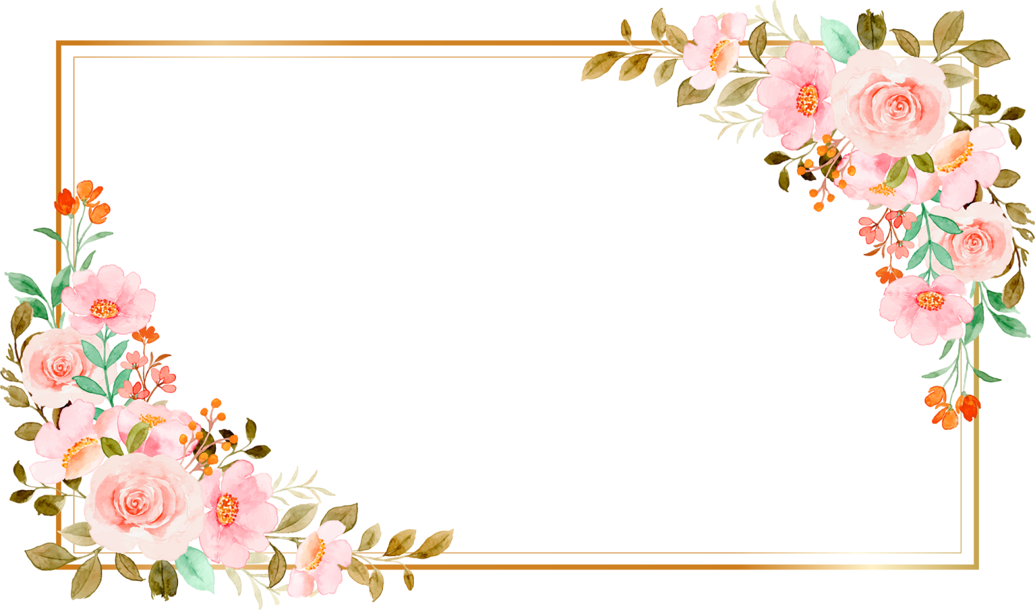 a gold frame with pink flowers and green leaves