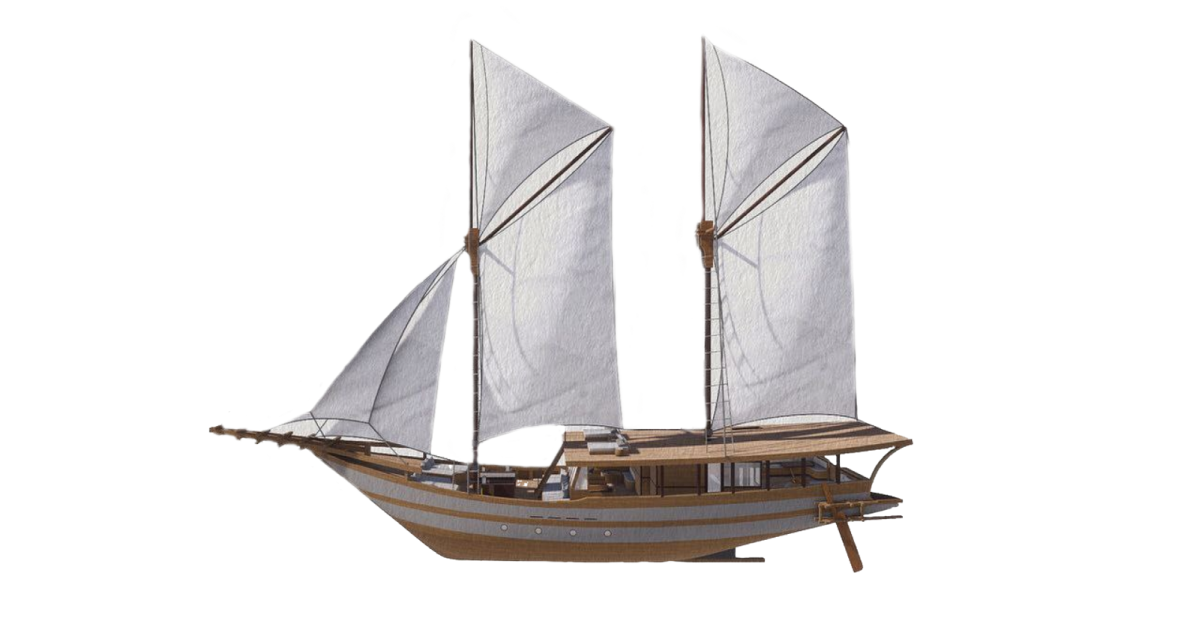 a wooden model of a sailing boat