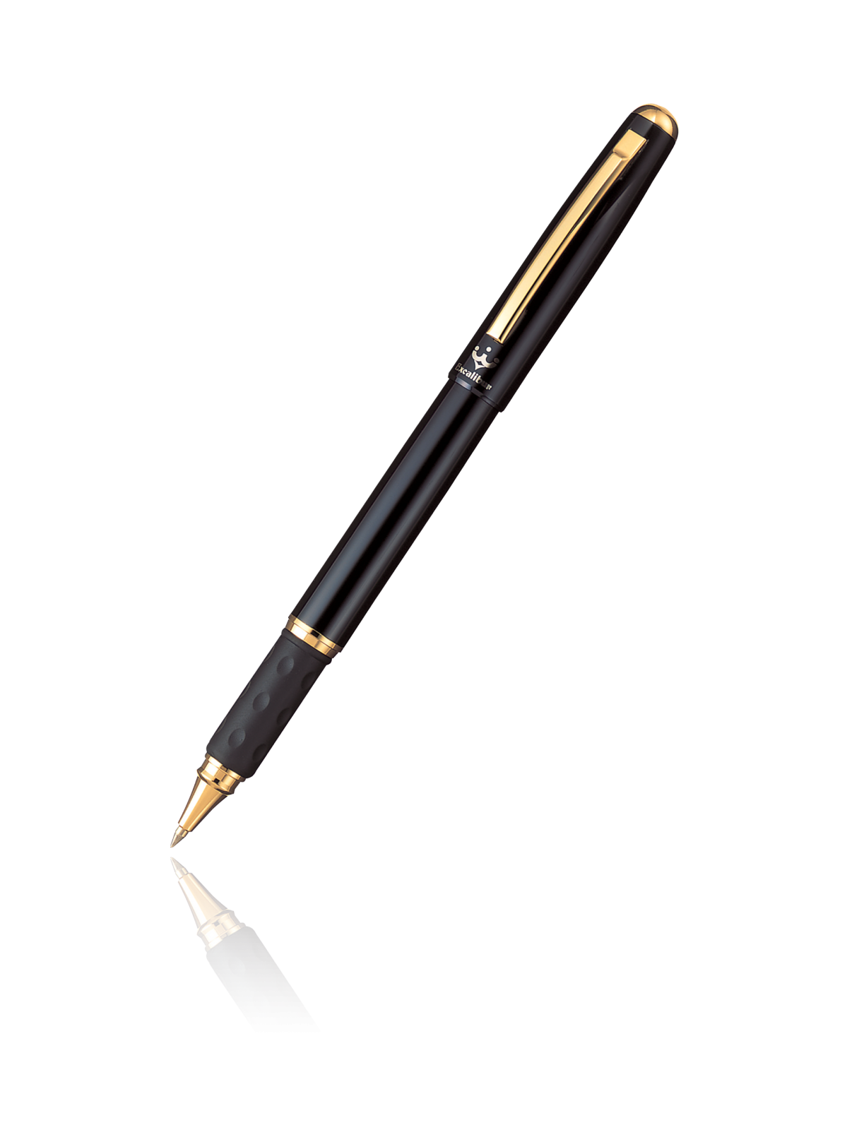 a black ballpoint pen with gold trim