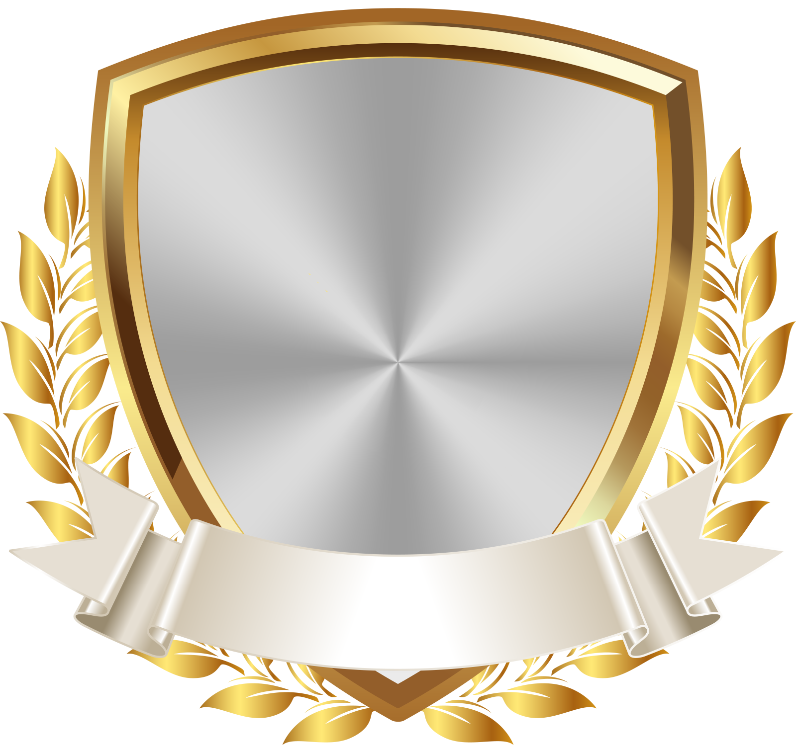a gold and silver shield with a ribbon