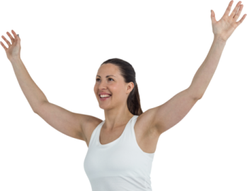a woman with her arms up in the air