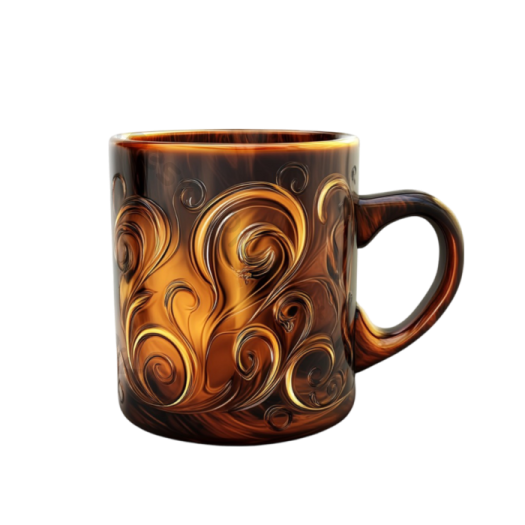 a brown and black coffee mug with swirl designs