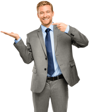 a man in a suit and tie pointing at the camera