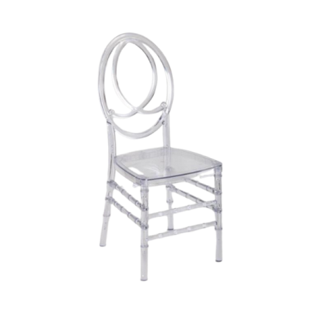 a clear plastic chair with a circular back