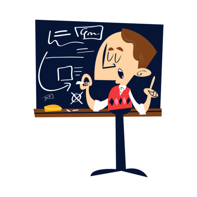 a man is standing in front of a blackboard