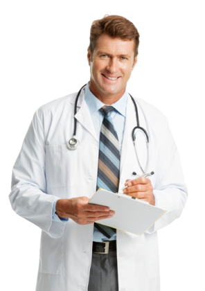 a man in a white lab coat holding a clipboard