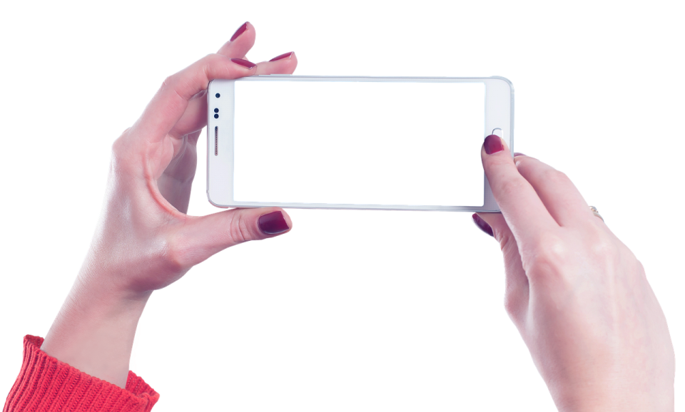 two hands holding an iphone with a white screen