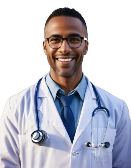 a man in a white lab coat and glasses smiles at the camera