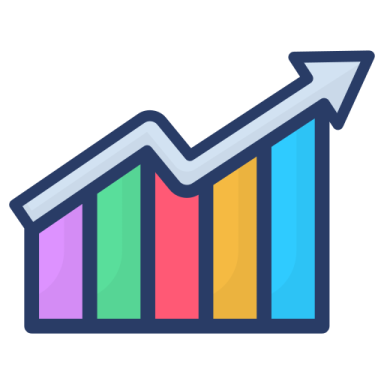 a colorful bar chart with an arrow pointing upward