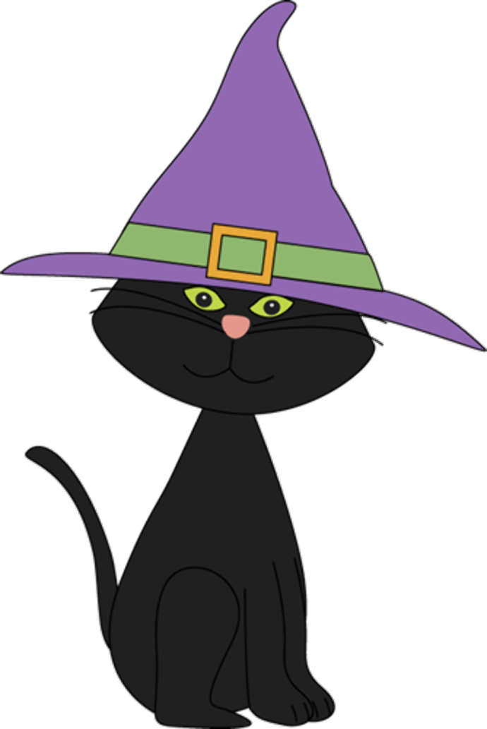 a black cat wearing a witch hat