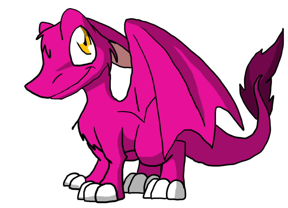 a pink dragon with yellow eyes