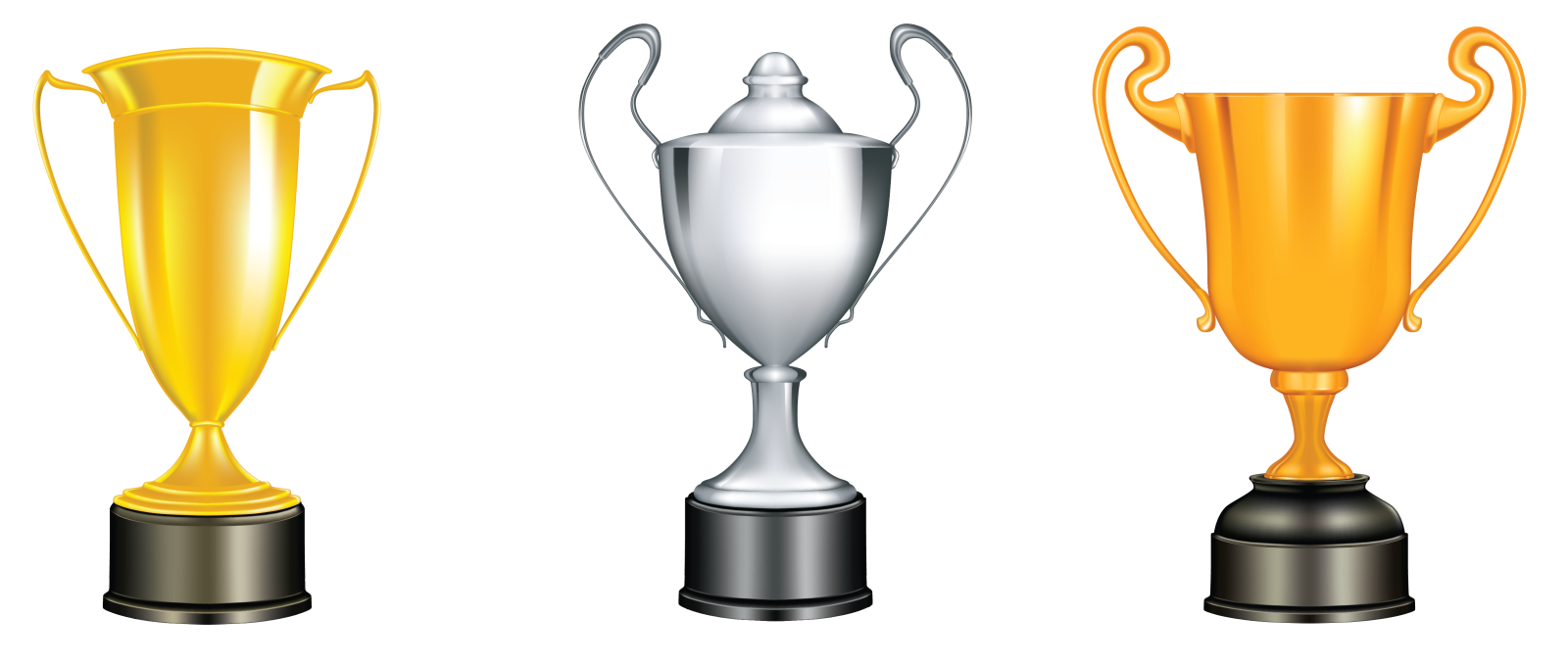 three gold, silver and bronze trophies